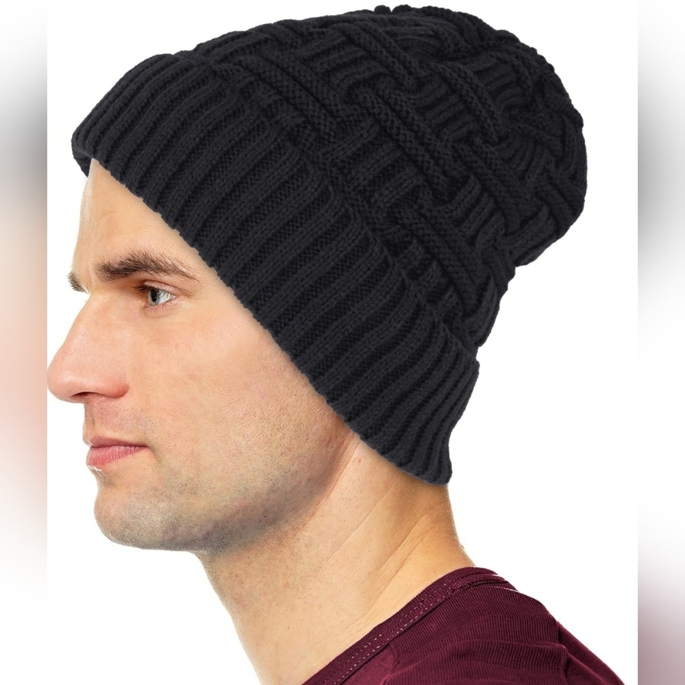 Debra Weitzner Winter Slouchy Mens Beanie Knit Ski Skull Cap Warm Fur Black Hat